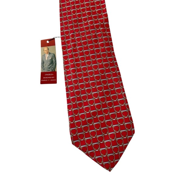 Paolo Gucci Red 100% Silk Tie w Gold Horsebit Design 56" new with tags - Picture 1 of 4